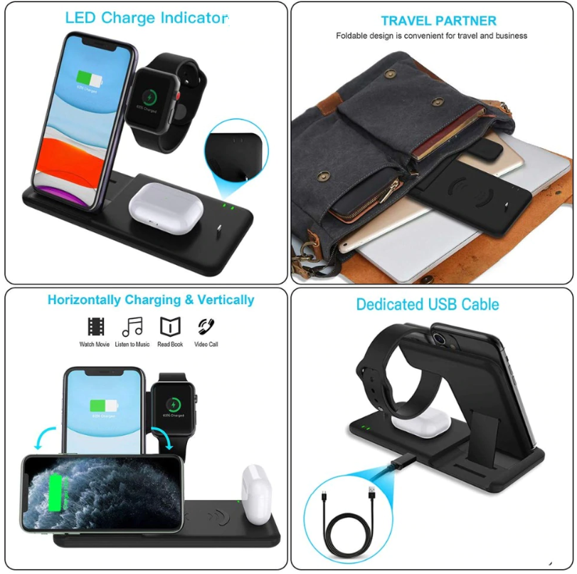 4-in-1 Foldable Charging Dock Station With Qi Fast Wireless Charger For iPhone 8, X, XR, 11 And Apple Watch + Airpods! You Get FREE Shipping Too!